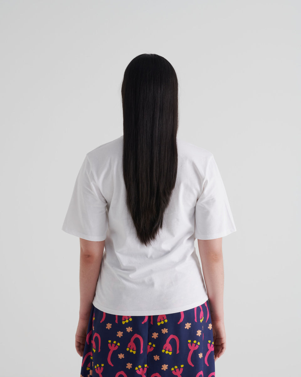Samuji, Calla, T-shirt, classic tee, relaxed, comfy, 100 % organic cotton, white, straight, round neck, elbow length sleeves.