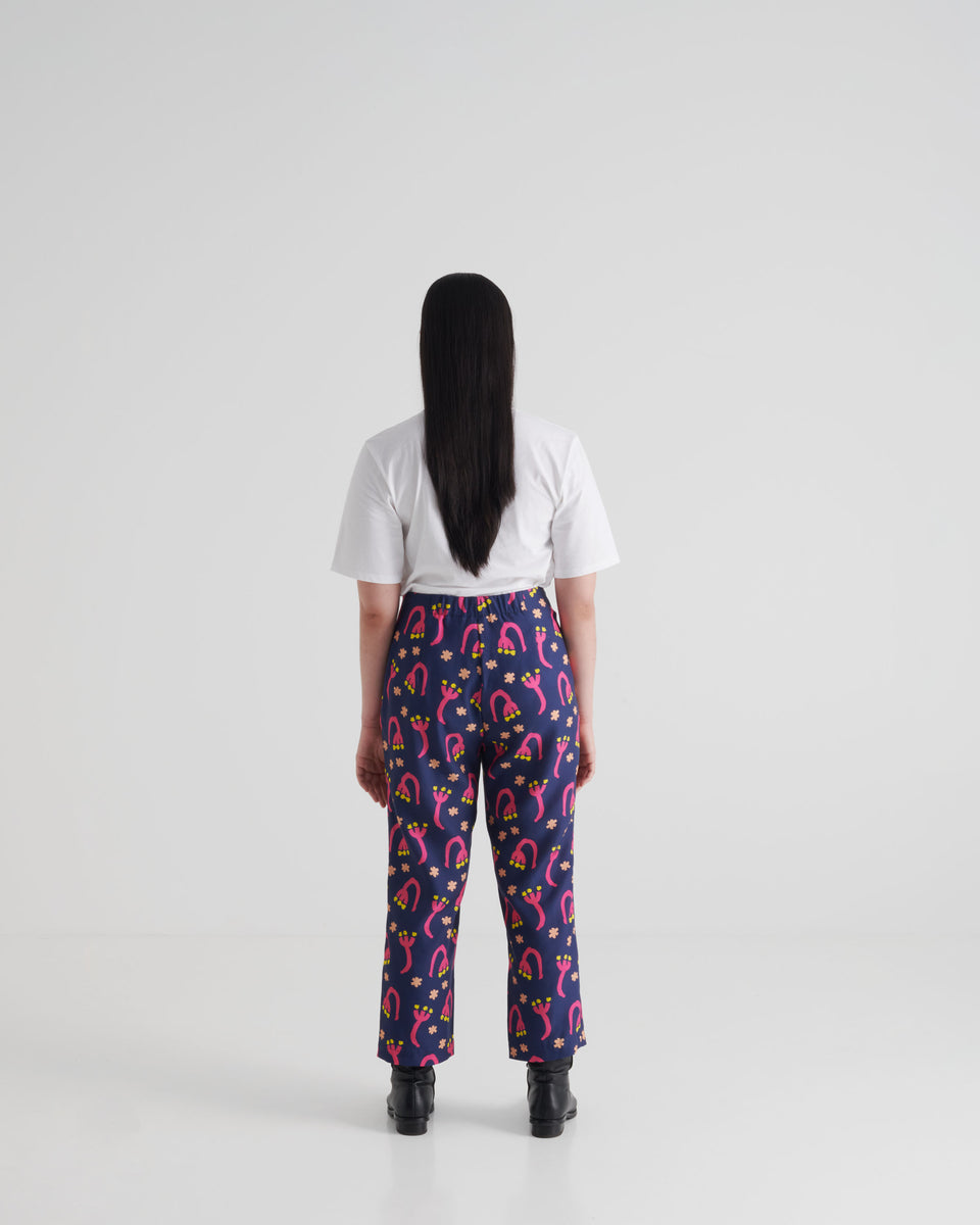 Samuji, Celia, Trousers, blue, pink, yellow, ankle length straight leg, print Taika, flowers, hidden zipper, no pockets smooth look on the hips, elastic waistband on the back, comfortable fit